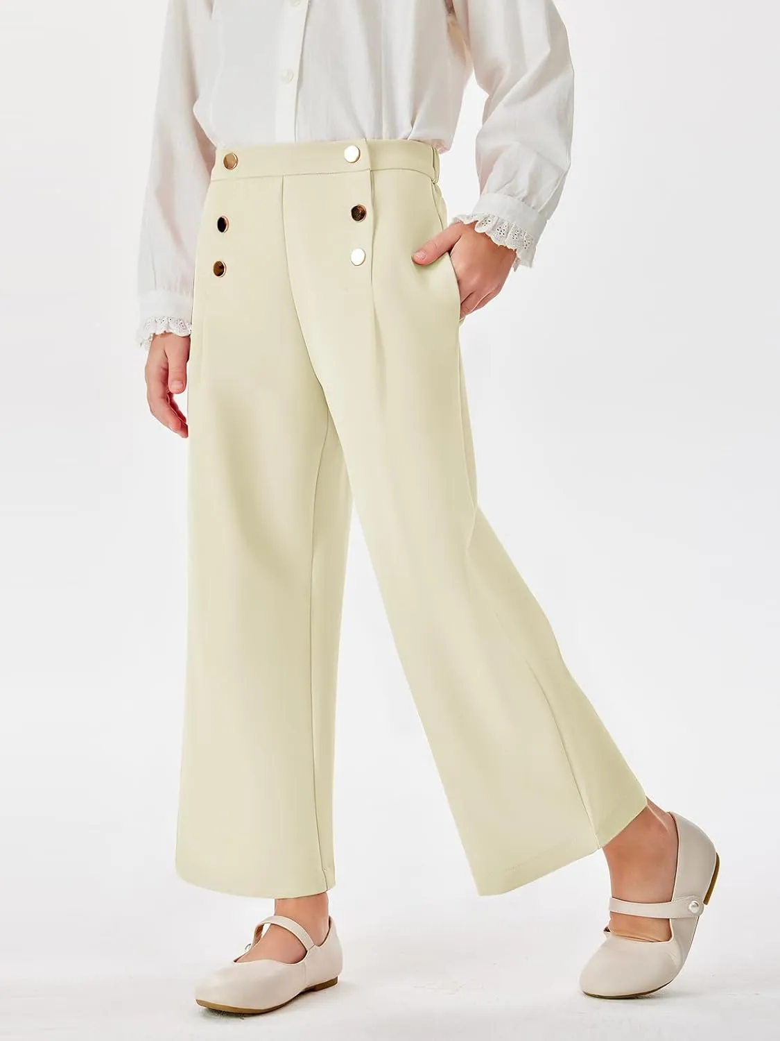 Haloumoning Girls Wide Leg Pants Kids Fashion Elastic Waist Front Button Trousers with Pockets 5-14 Years