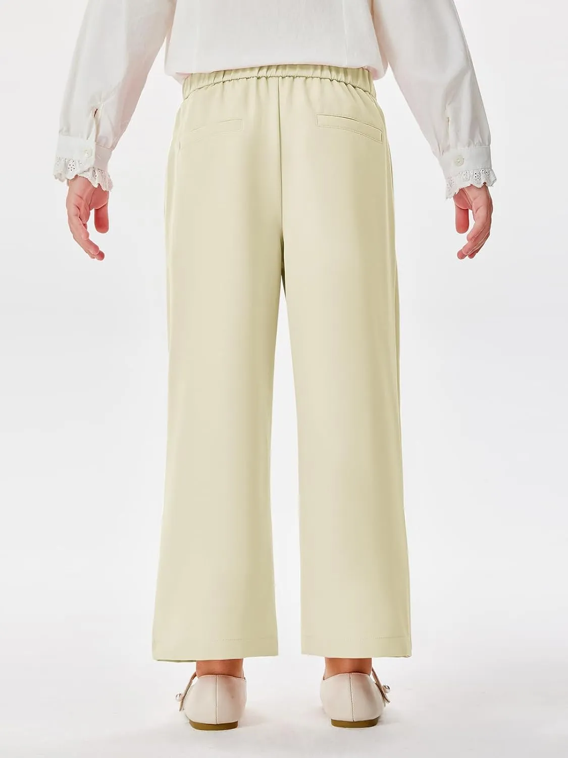 Haloumoning Girls Wide Leg Pants Kids Fashion Elastic Waist Front Button Trousers with Pockets 5-14 Years