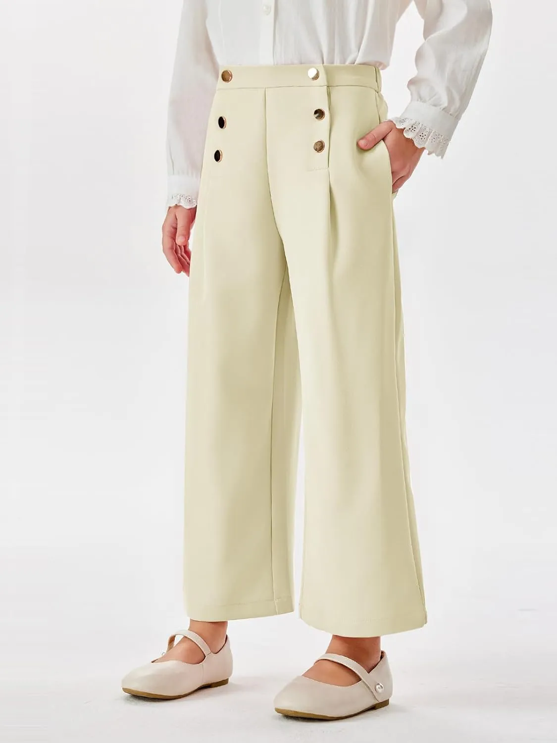 Haloumoning Girls Wide Leg Pants Kids Fashion Elastic Waist Front Button Trousers with Pockets 5-14 Years