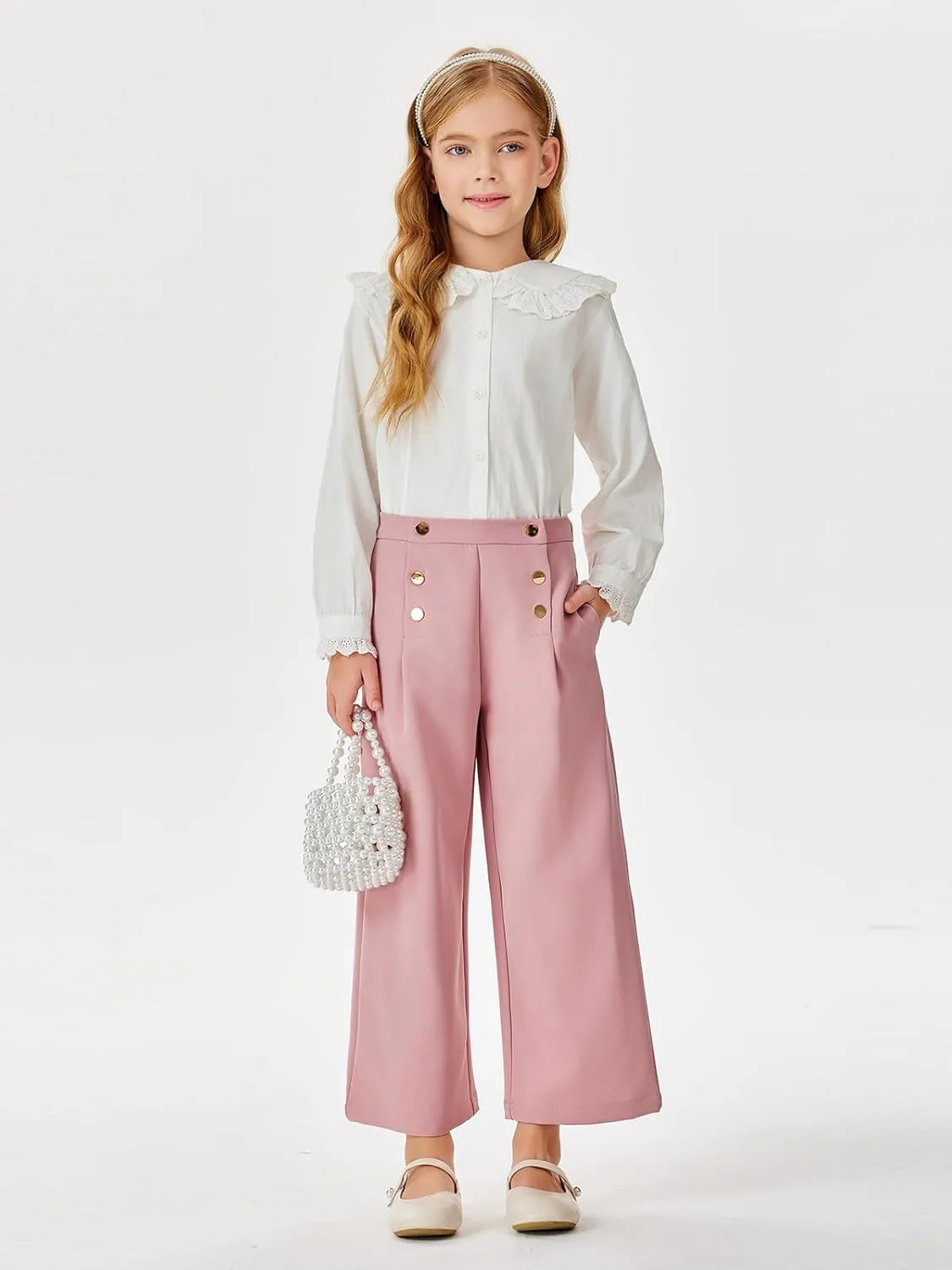 Haloumoning Girls Wide Leg Pants Kids Fashion Elastic Waist Front Button Trousers with Pockets 5-14 Years