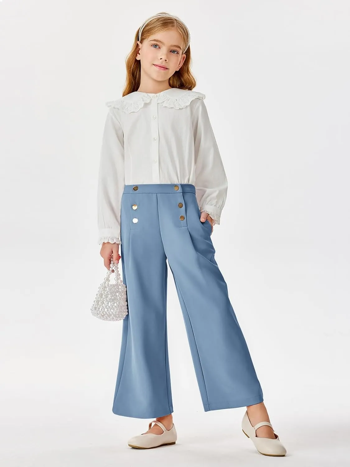 Haloumoning Girls Wide Leg Pants Kids Fashion Elastic Waist Front Button Trousers with Pockets 5-14 Years