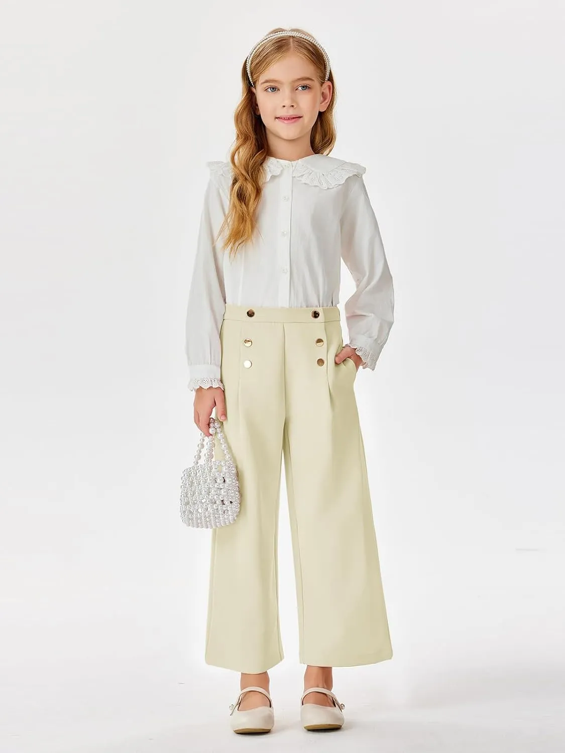 Haloumoning Girls Wide Leg Pants Kids Fashion Elastic Waist Front Button Trousers with Pockets 5-14 Years