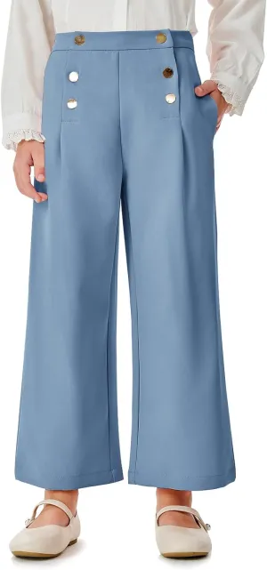 Haloumoning Girls Wide Leg Pants Kids Fashion Elastic Waist Front Button Trousers with Pockets 5-14 Years