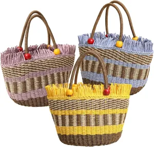 Handwoven Tote Bag With Beaded Handles, Paper Design, Ideal For Beach, Shopping, And Daily Wear