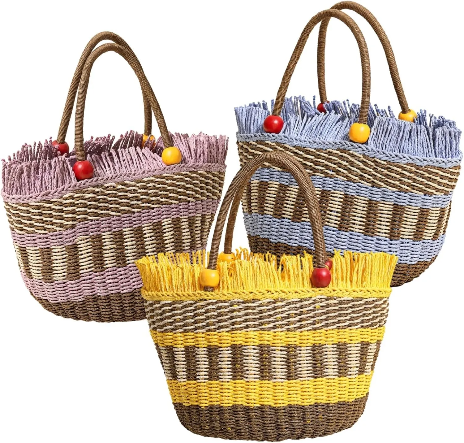 Handwoven Tote Bag With Beaded Handles, Paper Design, Ideal For Beach, Shopping, And Daily Wear
