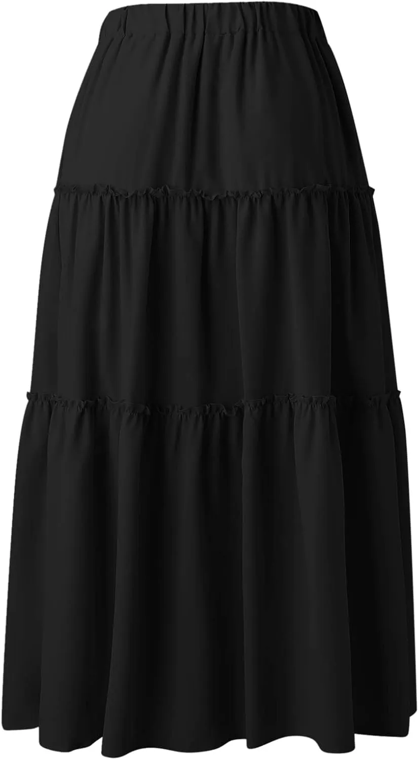 High Waisted Skirts for Women Bohemian Flowy A-Line Midi Length Casual Skirt Tiered Ruffles and Elastic Waistband