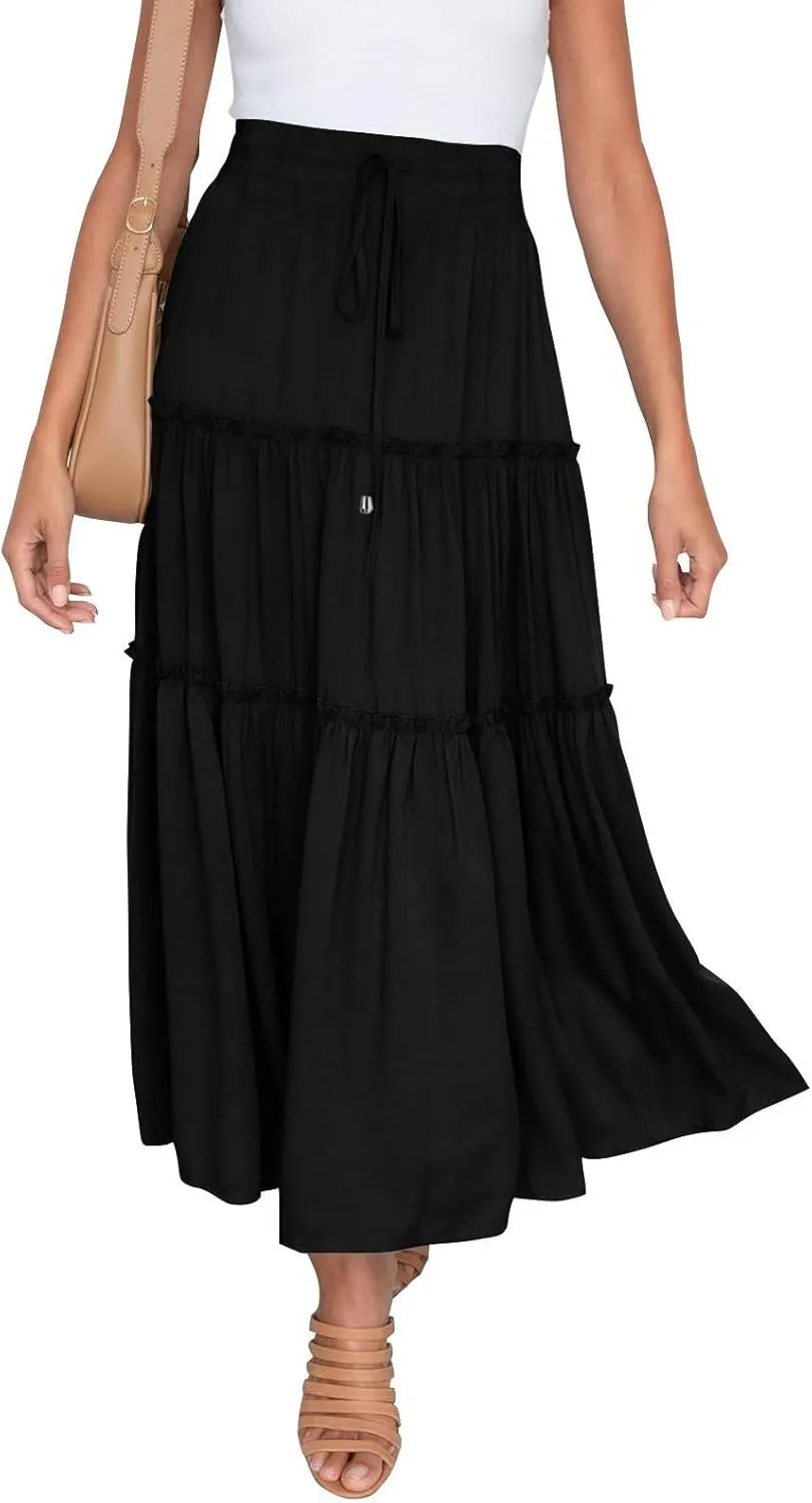 High Waisted Skirts for Women Bohemian Flowy A-Line Midi Length Casual Skirt Tiered Ruffles and Elastic Waistband