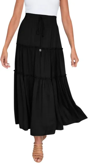 High Waisted Skirts for Women Bohemian Flowy A-Line Midi Length Casual Skirt Tiered Ruffles and Elastic Waistband