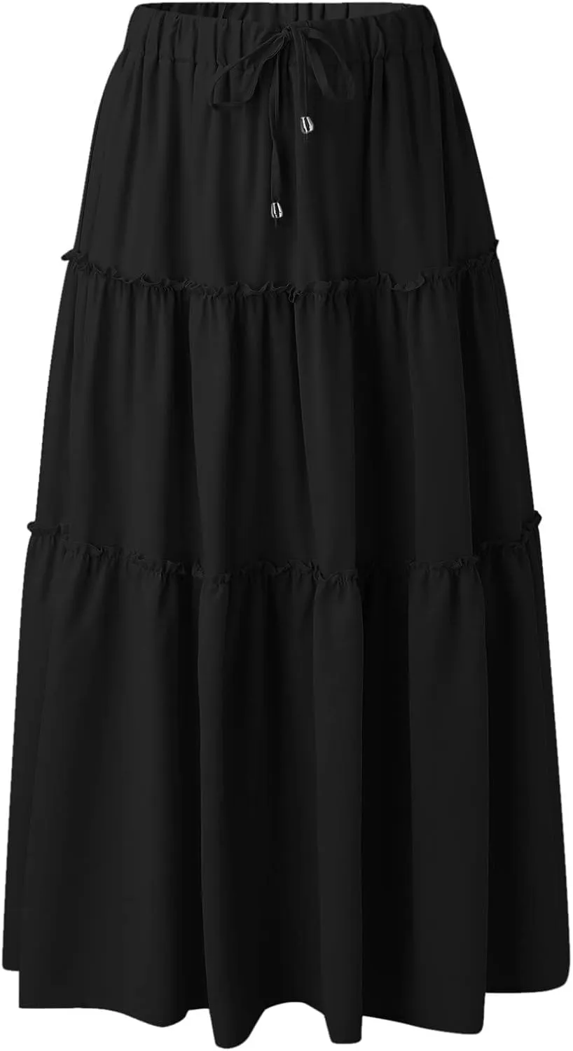 High Waisted Skirts for Women Bohemian Flowy A-Line Midi Length Casual Skirt Tiered Ruffles and Elastic Waistband