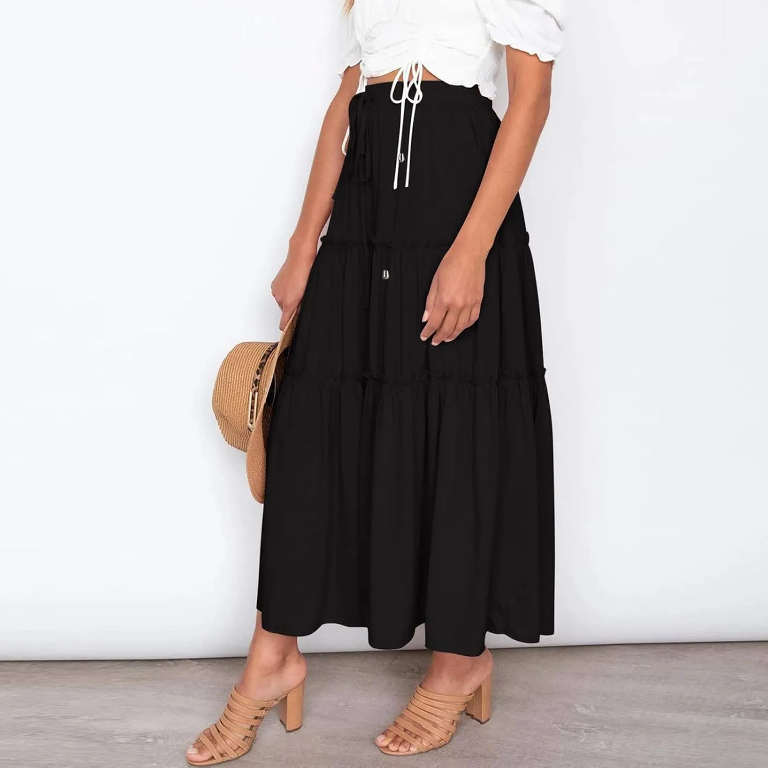 High Waisted Skirts for Women Bohemian Flowy A-Line Midi Length Casual Skirt Tiered Ruffles and Elastic Waistband