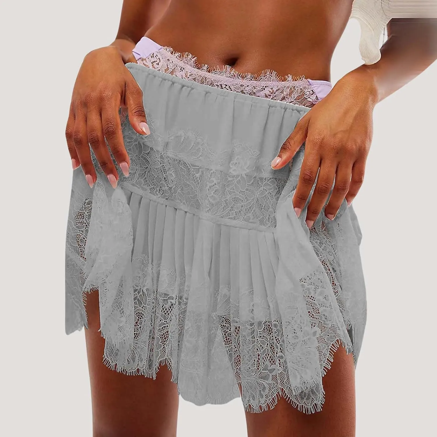 High Waisted Skirts for Women Lace Trim Midi Length Bohemian Casual Skirt with Asymmetrical Hem and Elastic Waist