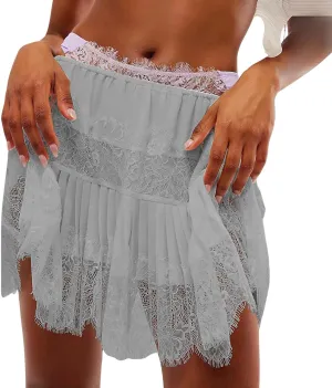 High Waisted Skirts for Women Lace Trim Midi Length Bohemian Casual Skirt with Asymmetrical Hem and Elastic Waist