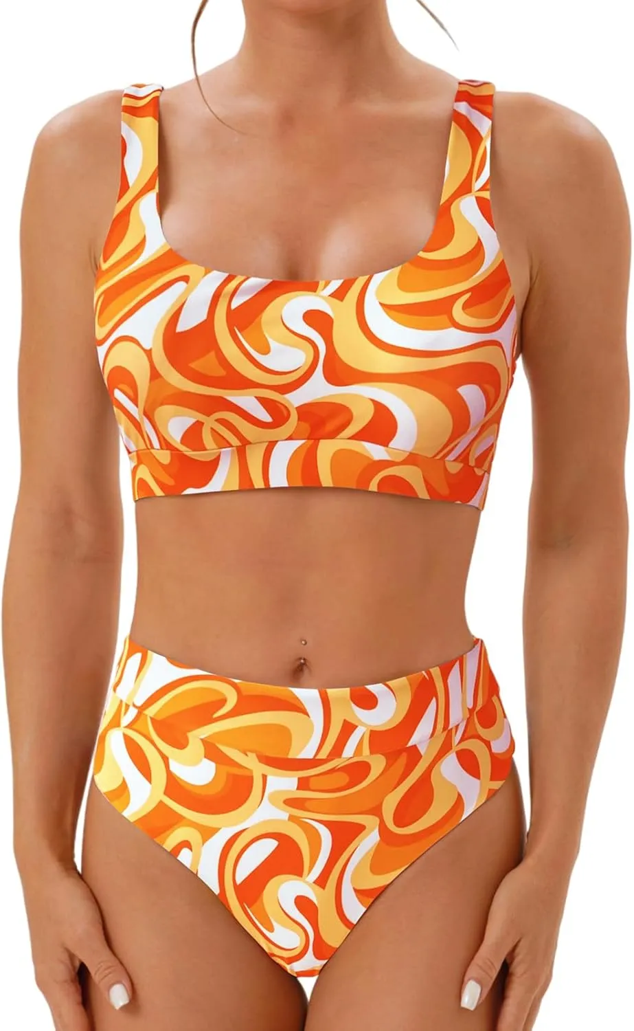 High Waisted Two Piece Swimsuits for Women Tummy Control Tankini Bathing Suits Sporty Printed Swimwear