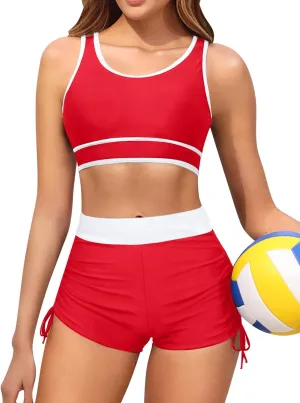 Holipick Women's Sporty Bikini Sets Two Piece Color Block Swimsuit Bathing Suits with High Waisted Boy Shorts Bottom