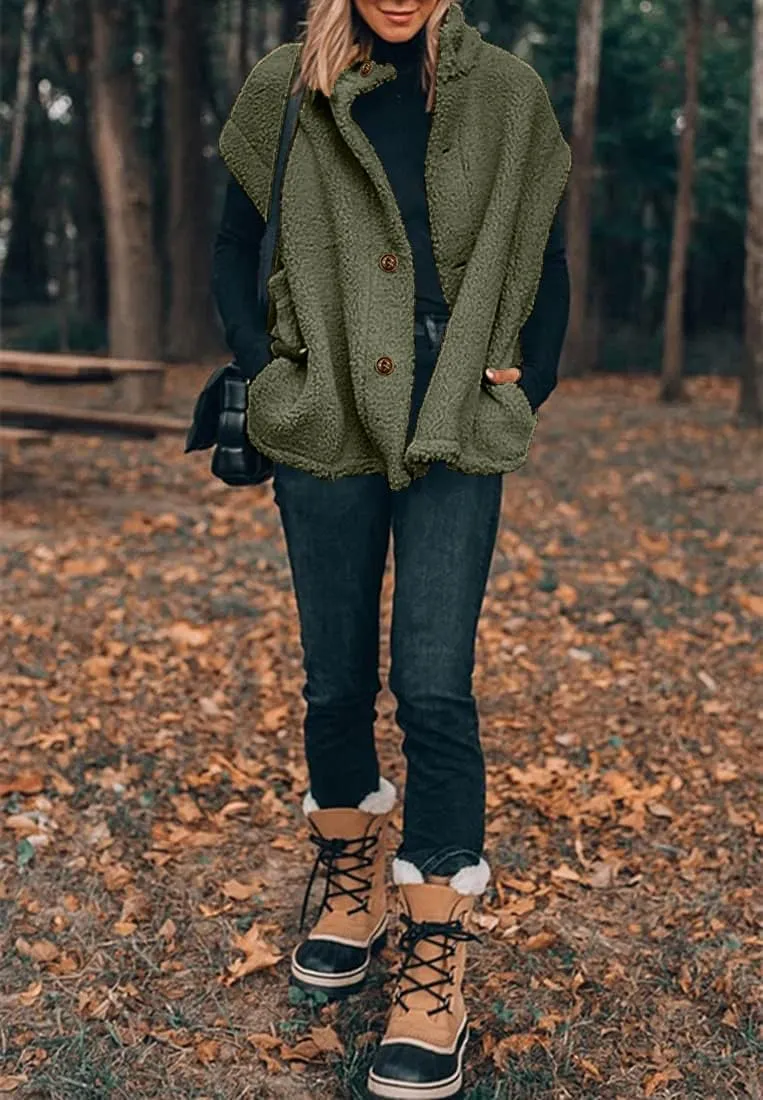 Hongqizo Womens Fuzzy Fleece Vest Casual Oversized Warm Button Down Sherpa Vest Jacket with Pockets