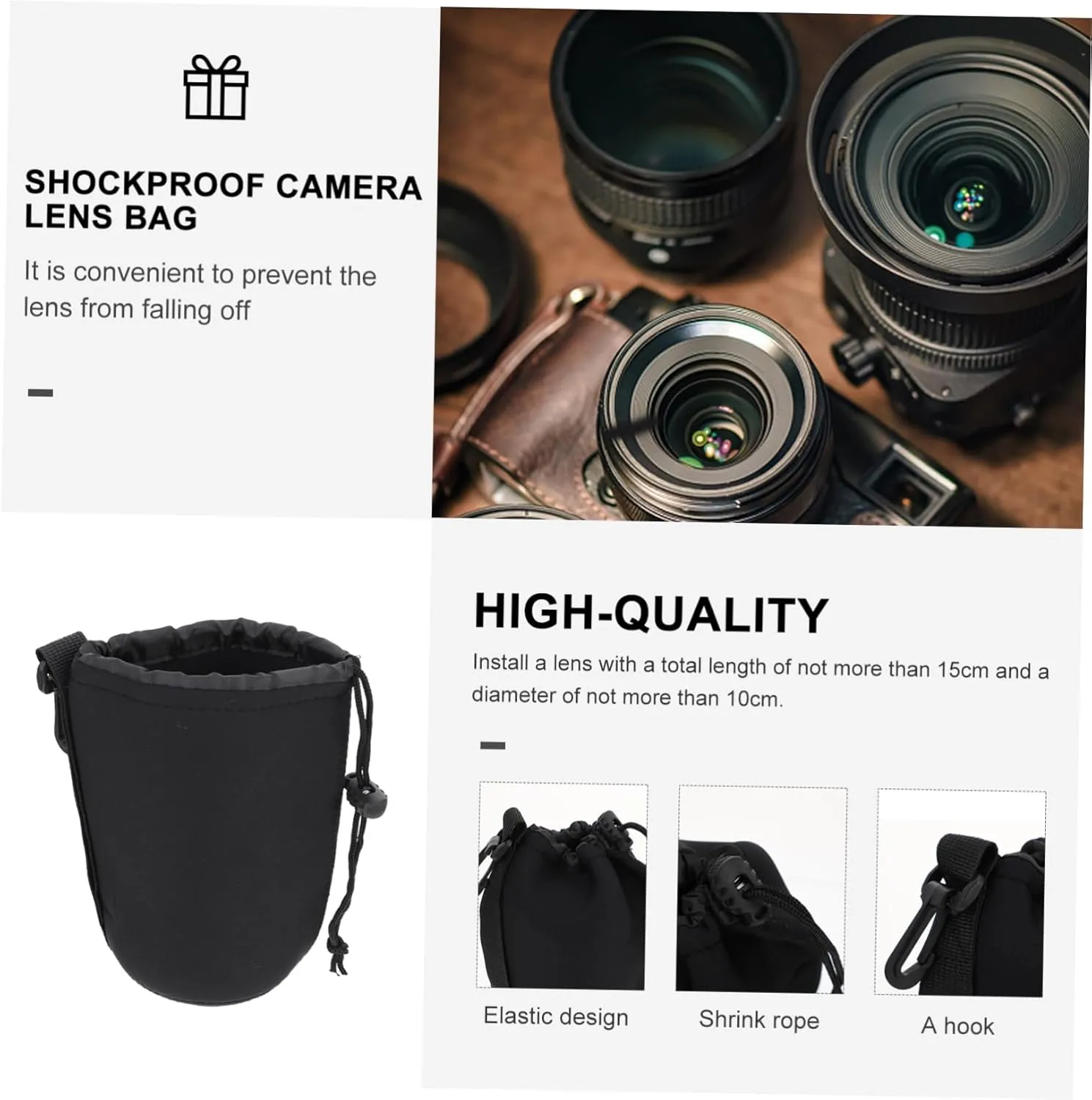 Housoutil Flexible Camera Lens Bag Neoprene Drawstring Pouch for Dslr Pancakes Belt Hooks
