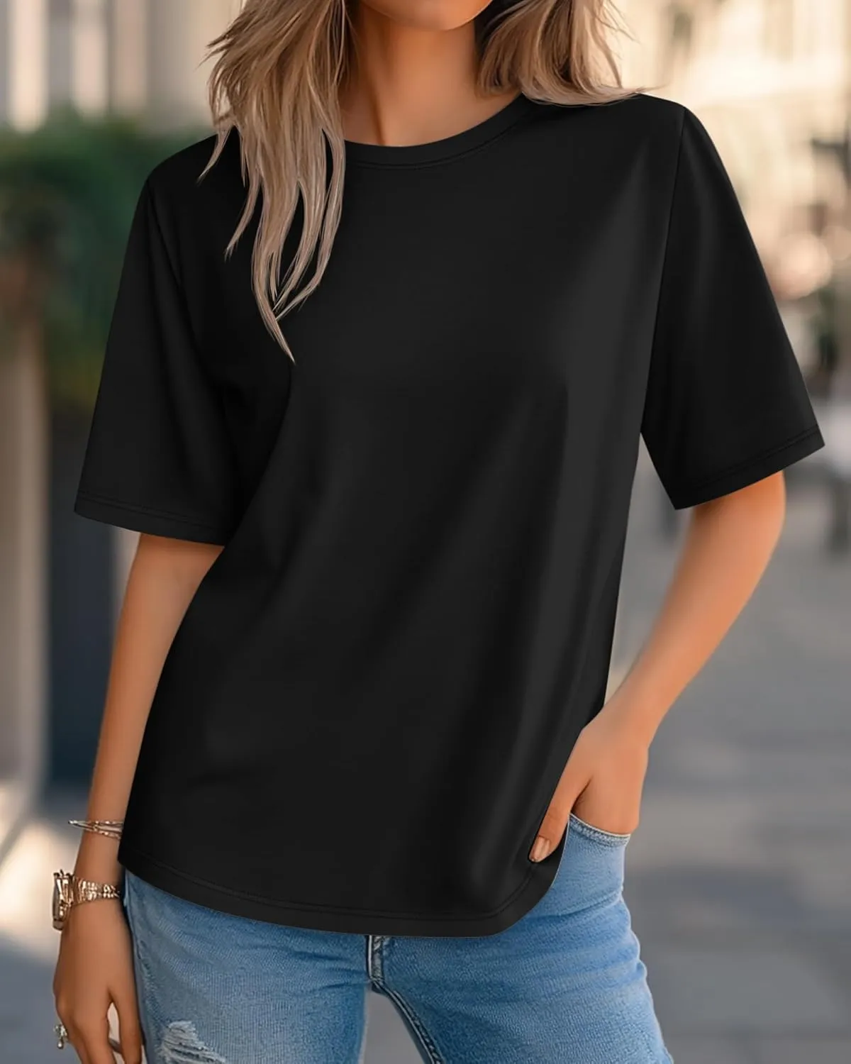 Huukeay 3 Pack Women's Half Sleeve T-Shirts, Crew Neck Elbow Length Tops Loose Casual Basic Tees Summer Cotton Tunic Tops