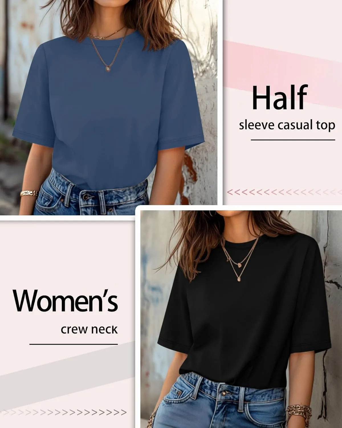 Huukeay 3 Pack Women's Half Sleeve T-Shirts, Crew Neck Elbow Length Tops Loose Casual Basic Tees Summer Cotton Tunic Tops