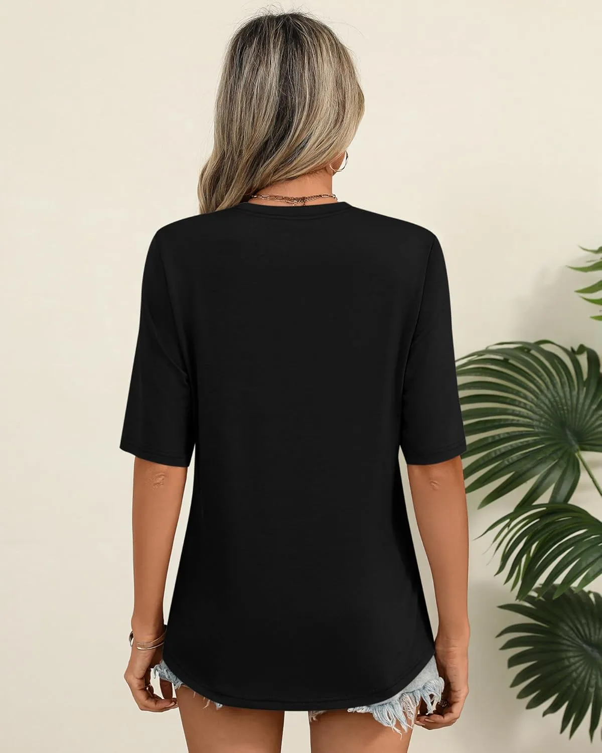 Huukeay 3 Pack Women's Half Sleeve T-Shirts, Crew Neck Elbow Length Tops Loose Casual Basic Tees Summer Cotton Tunic Tops