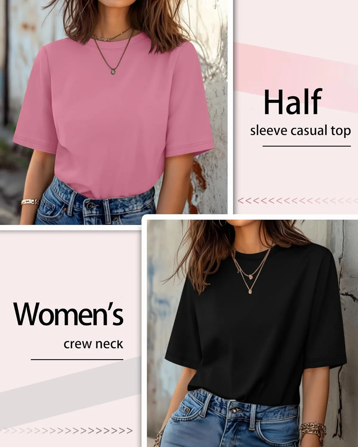 Huukeay 3 Pack Women's Half Sleeve T-Shirts, Crew Neck Elbow Length Tops Loose Casual Basic Tees Summer Cotton Tunic Tops