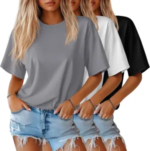 Huukeay 3 Pack Women's Half Sleeve T-Shirts, Crew Neck Elbow Length Tops Loose Casual Basic Tees Summer Cotton Tunic Tops