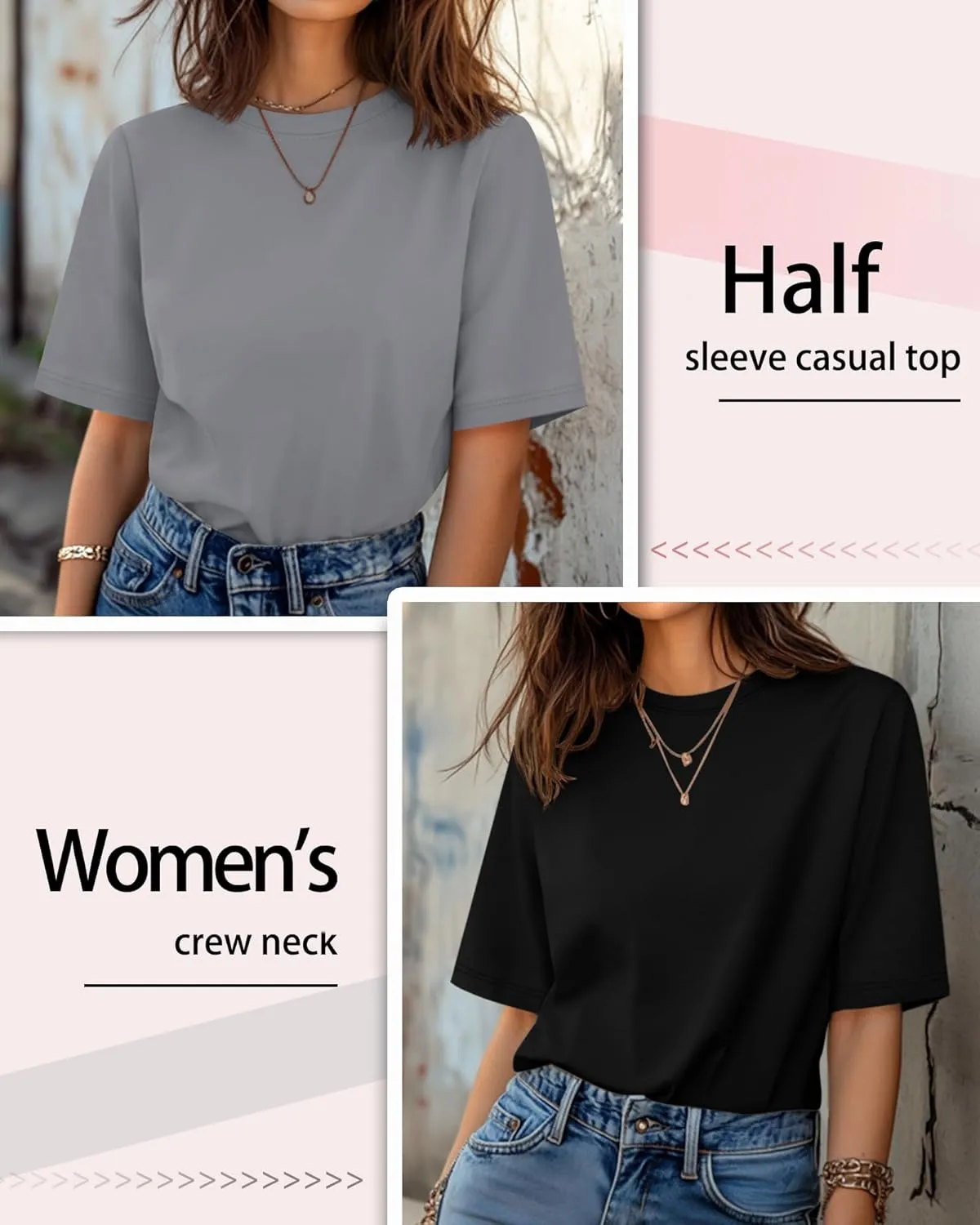 Huukeay 3 Pack Women's Half Sleeve T-Shirts, Crew Neck Elbow Length Tops Loose Casual Basic Tees Summer Cotton Tunic Tops