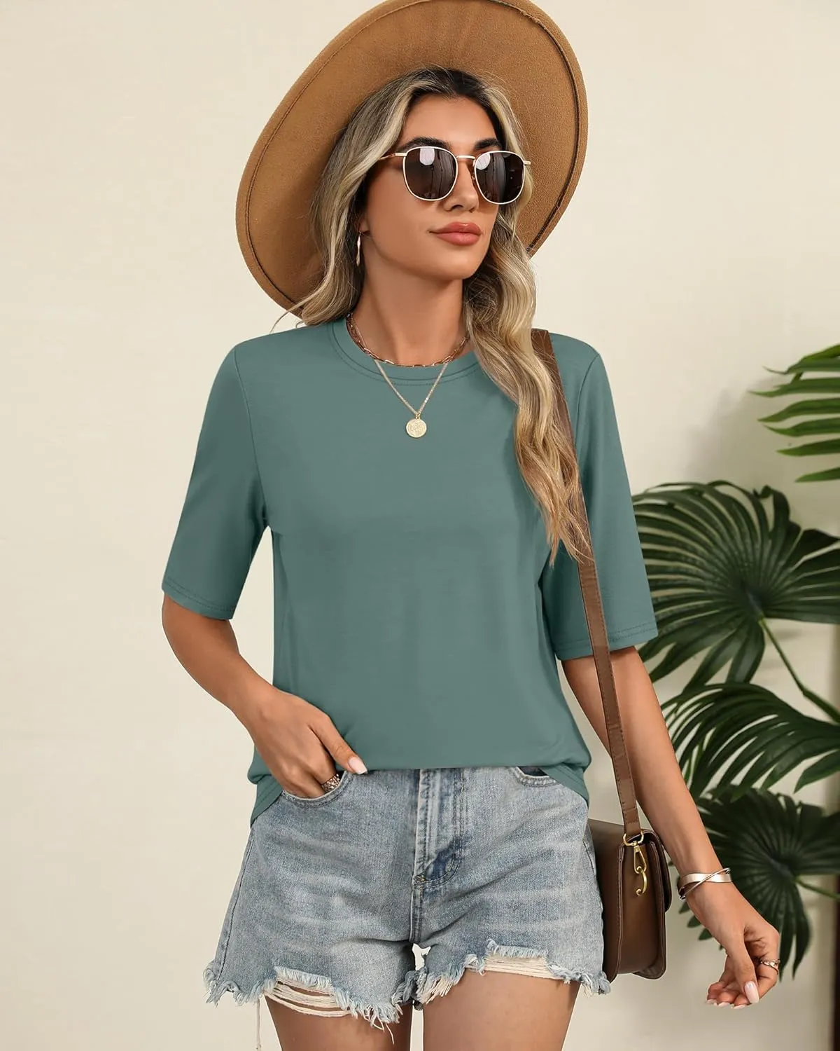Huukeay 3 Pack Women's Half Sleeve T-Shirts, Crew Neck Elbow Length Tops Loose Casual Basic Tees Summer Cotton Tunic Tops