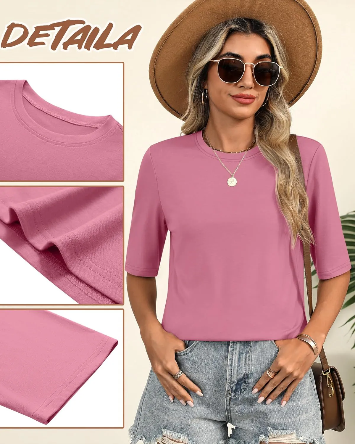 Huukeay 3 Pack Women's Half Sleeve T-Shirts, Crew Neck Elbow Length Tops Loose Casual Basic Tees Summer Cotton Tunic Tops