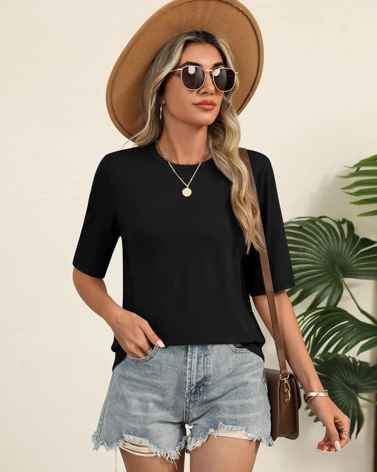 Huukeay 3 Pack Women's Half Sleeve T-Shirts, Crew Neck Elbow Length Tops Loose Casual Basic Tees Summer Cotton Tunic Tops
