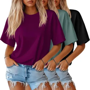 Huukeay 3 Pack Women's Half Sleeve T-Shirts, Crew Neck Elbow Length Tops Loose Casual Basic Tees Summer Cotton Tunic Tops
