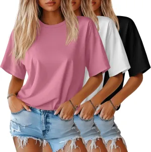 Huukeay 3 Pack Women's Half Sleeve T-Shirts, Crew Neck Elbow Length Tops Loose Casual Basic Tees Summer Cotton Tunic Tops