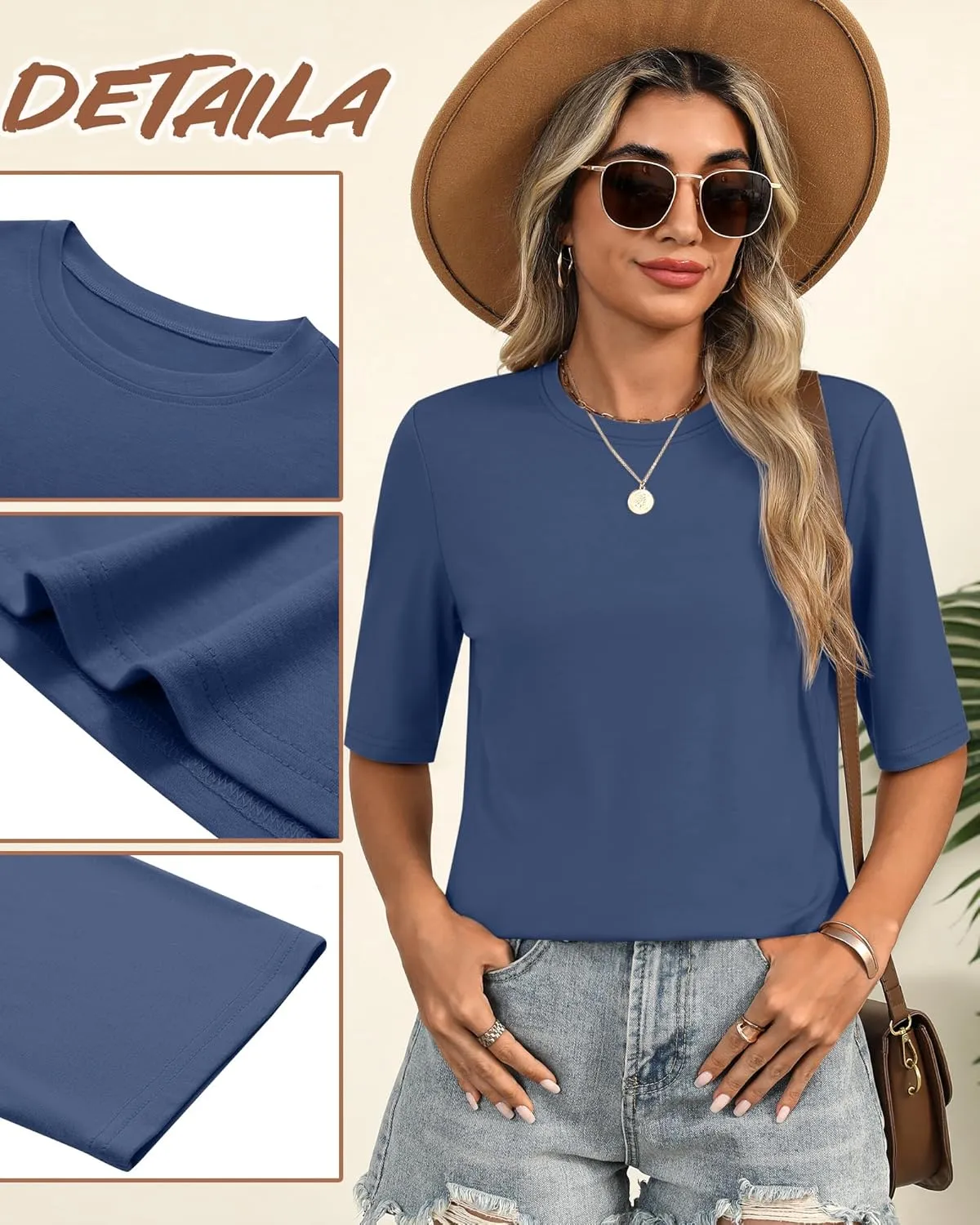 Huukeay 3 Pack Women's Half Sleeve T-Shirts, Crew Neck Elbow Length Tops Loose Casual Basic Tees Summer Cotton Tunic Tops