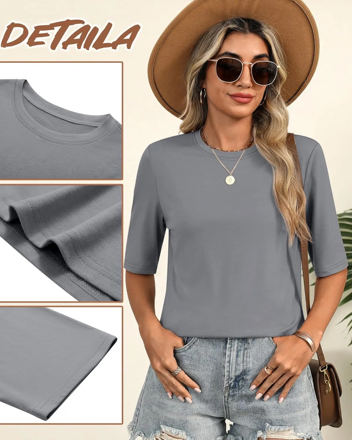 Huukeay 3 Pack Women's Half Sleeve T-Shirts, Crew Neck Elbow Length Tops Loose Casual Basic Tees Summer Cotton Tunic Tops