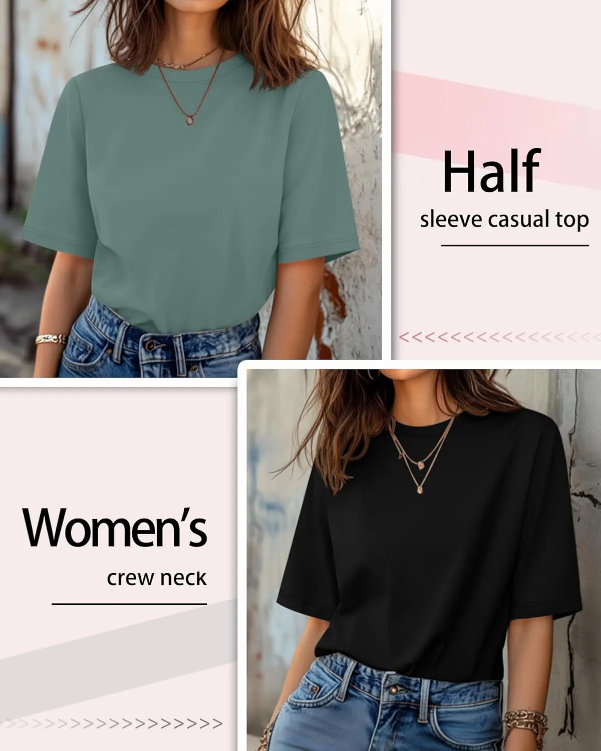 Huukeay 3 Pack Women's Half Sleeve T-Shirts, Crew Neck Elbow Length Tops Loose Casual Basic Tees Summer Cotton Tunic Tops