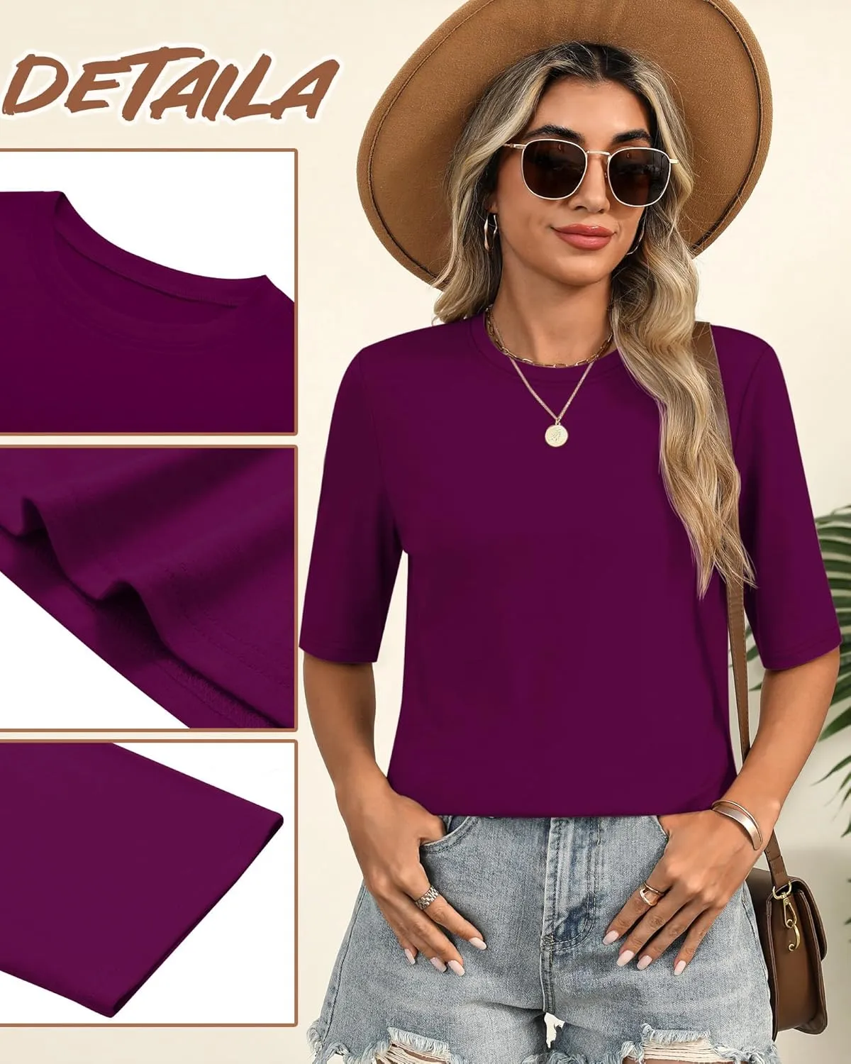 Huukeay 3 Pack Women's Half Sleeve T-Shirts, Crew Neck Elbow Length Tops Loose Casual Basic Tees Summer Cotton Tunic Tops