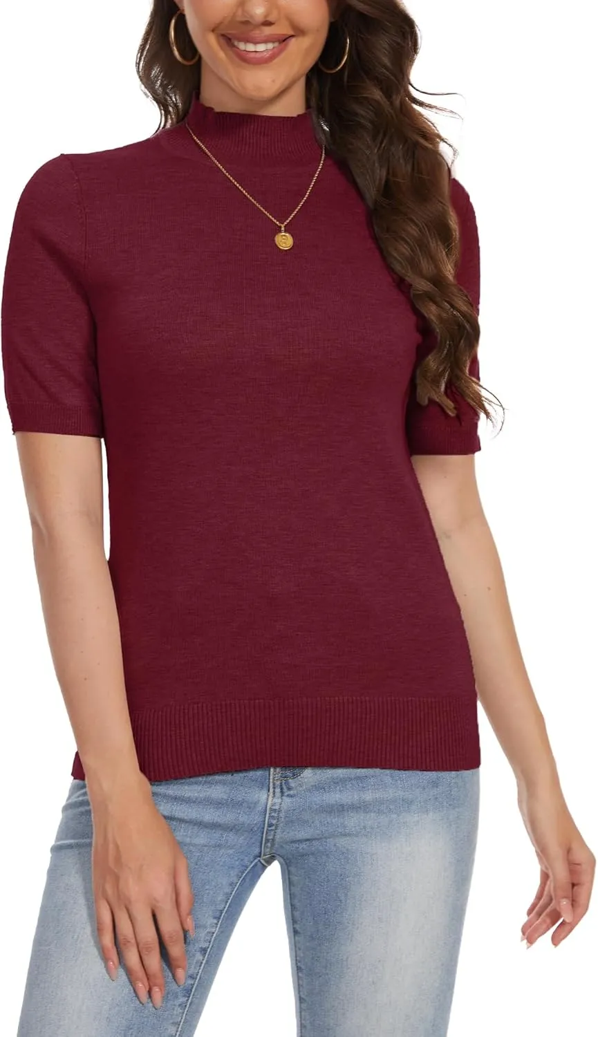 INKOFF Women's Short Sleeve Mock Neck Sweater Top Turtleneck Dressy Pullover Knit Shirt