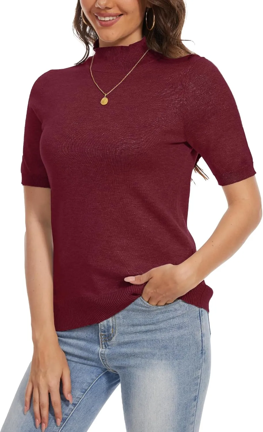 INKOFF Women's Short Sleeve Mock Neck Sweater Top Turtleneck Dressy Pullover Knit Shirt