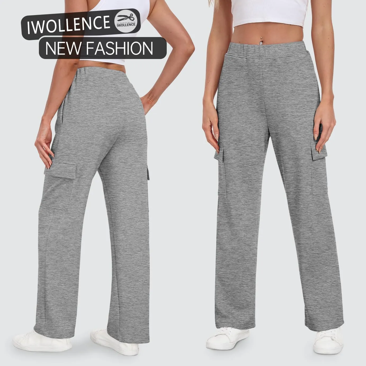IWOLLENCE Womens Cargo Sweatpants Baggy Wide Straight Leg Sweats Pants with Pockets