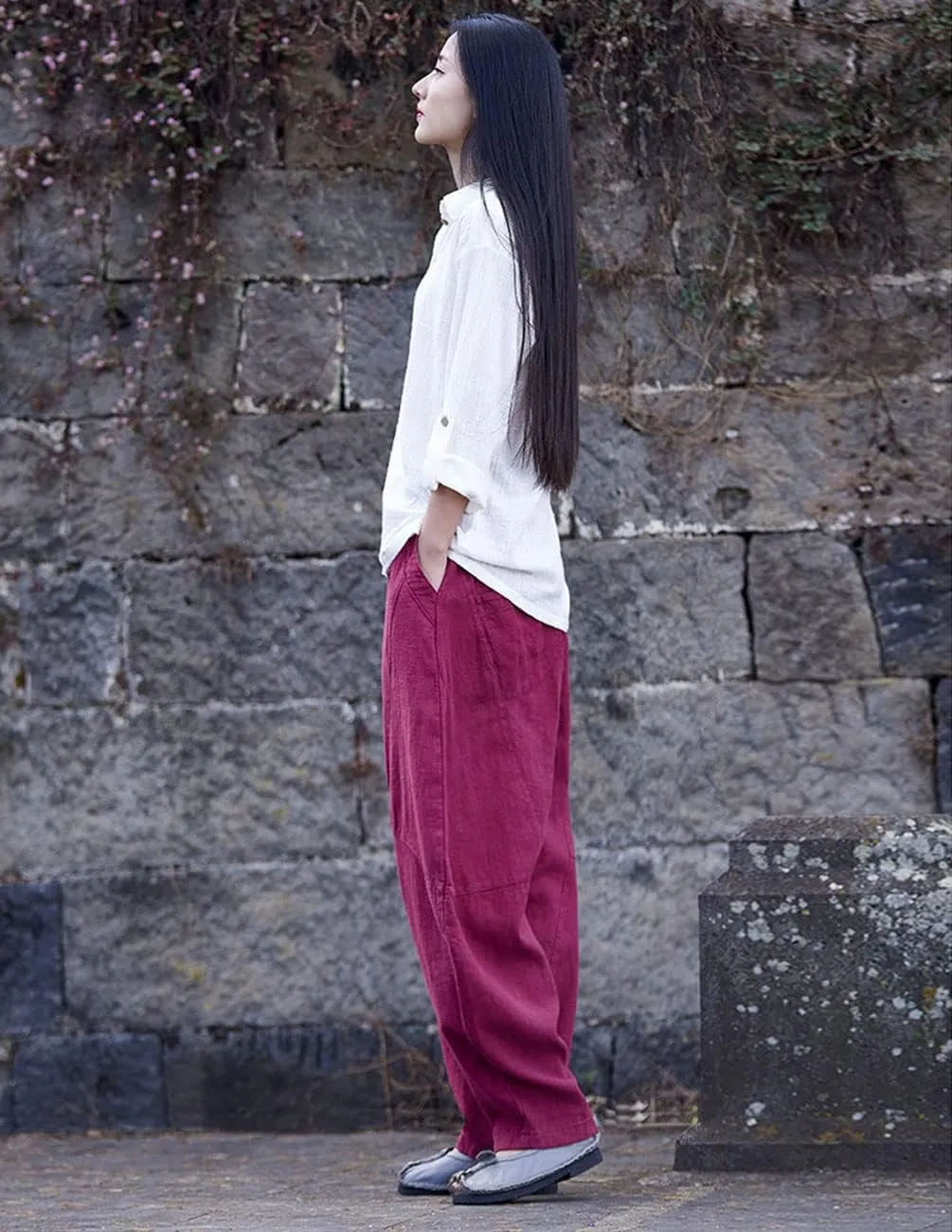 IXIMO Women's Cotton Linen Pants Casual Elastic Waist Lantern Slacks Loose Fit Baggy Patchwork Trousers