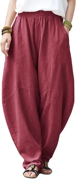 IXIMO Women's Cotton Linen Pants Casual Elastic Waist Lantern Slacks Loose Fit Baggy Patchwork Trousers