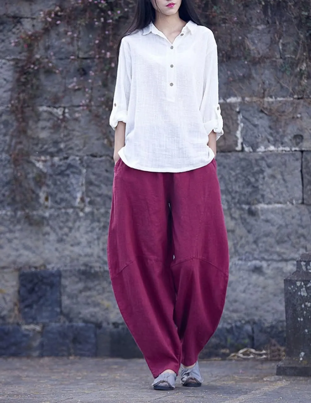 IXIMO Women's Cotton Linen Pants Casual Elastic Waist Lantern Slacks Loose Fit Baggy Patchwork Trousers