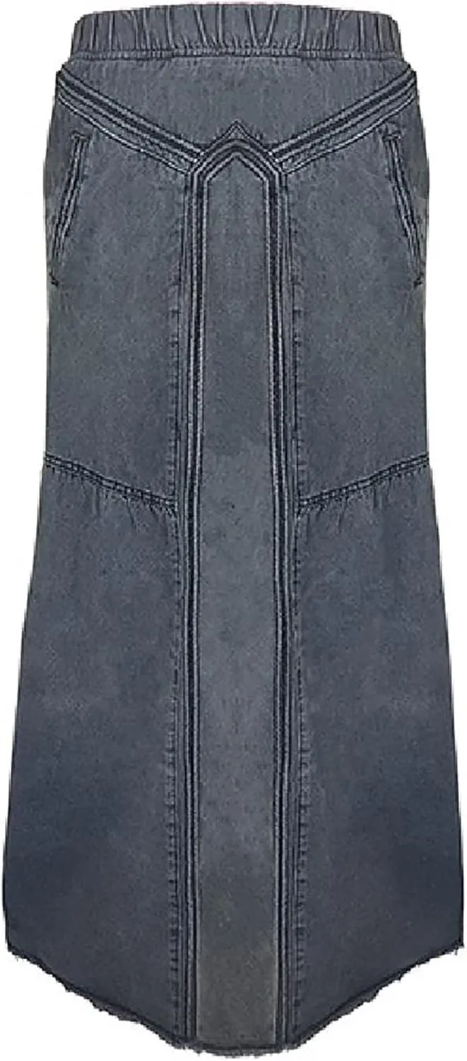 JOAU Women's Casual Elastic High Waist Plus Size Denim Long Skirt Frayed Hem A-Line Distressed Hippie Pockets Maxi Skirts