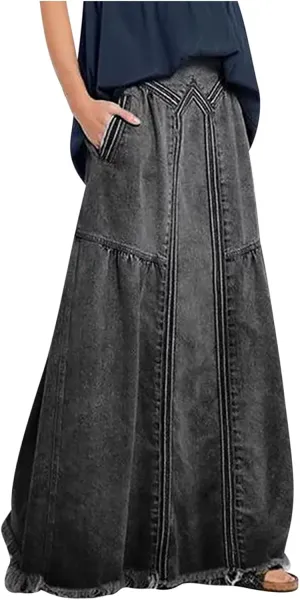 JOAU Women's Casual Elastic High Waist Plus Size Denim Long Skirt Frayed Hem A-Line Distressed Hippie Pockets Maxi Skirts