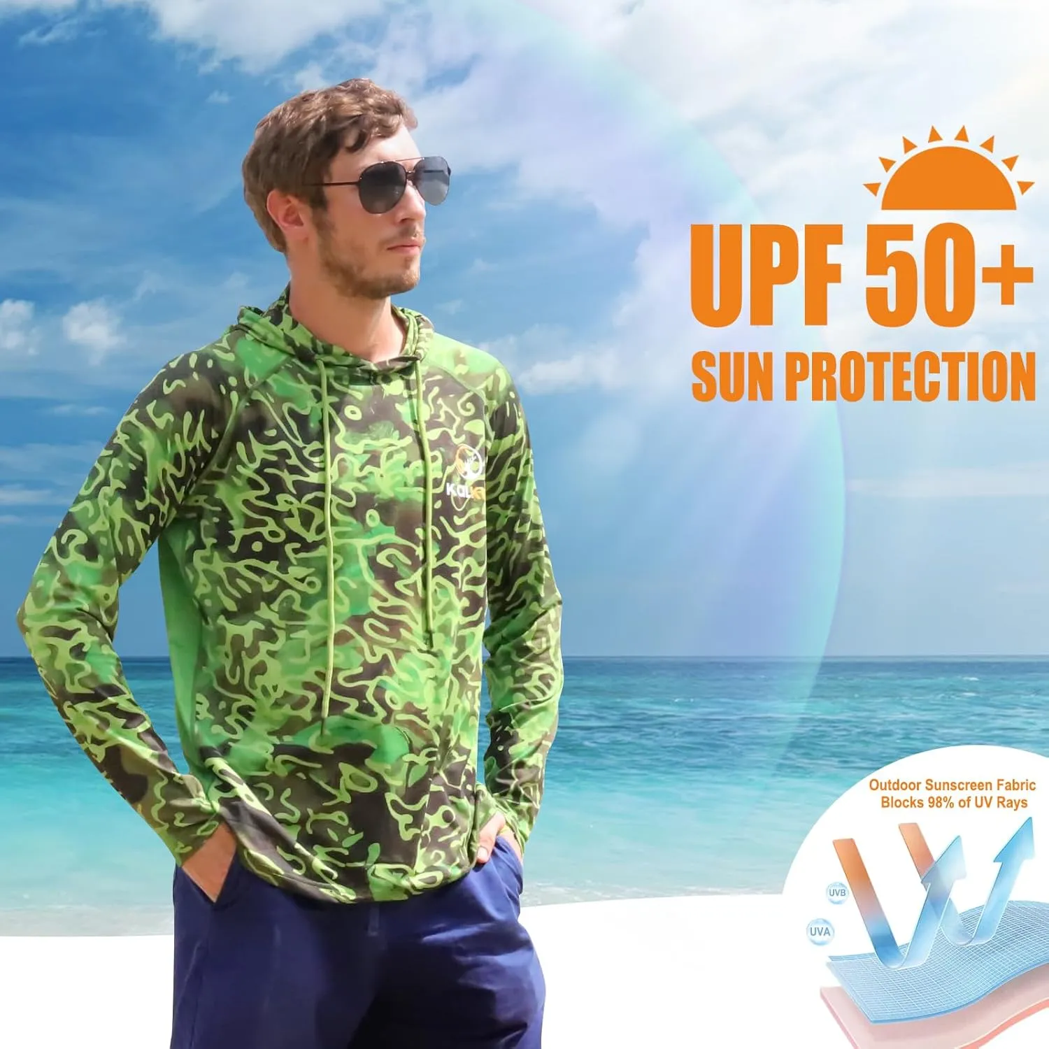 Kalkal UPF 50  Sun Protection Hooded Fishing Shirts for Men Long Sleeve Hoodies with Face Mask Rash Guards Quick Dry