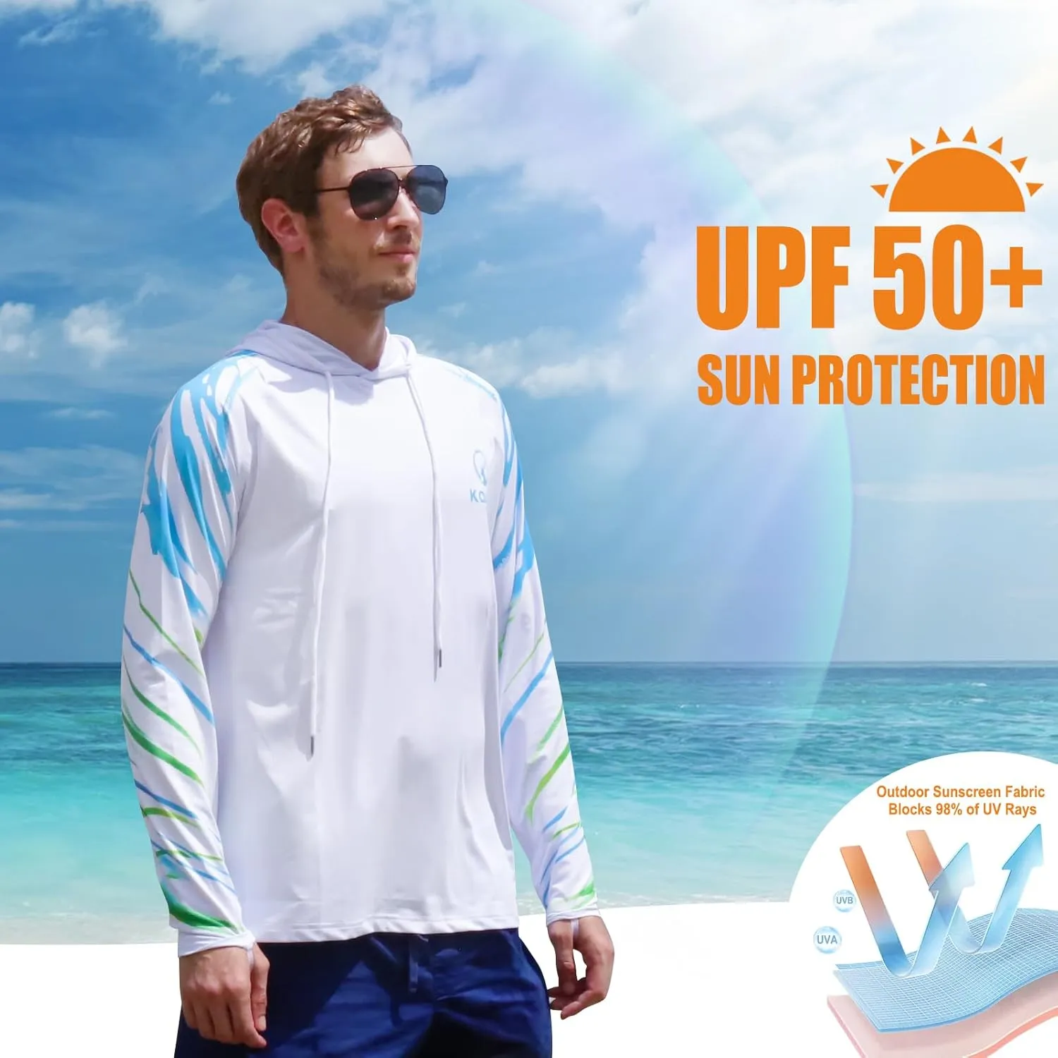 Kalkal UPF 50  Sun Protection Hooded Fishing Shirts for Men Long Sleeve Hoodies with Face Mask Rash Guards Quick Dry