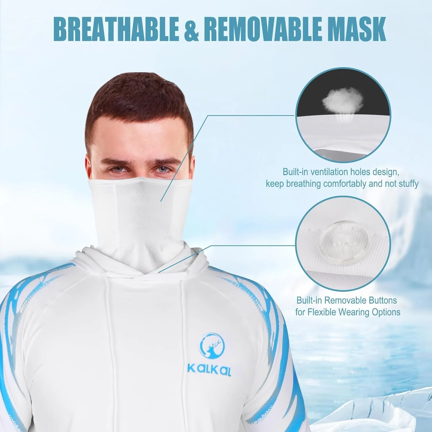 Kalkal UPF 50  Sun Protection Hooded Fishing Shirts for Men Long Sleeve Hoodies with Face Mask Rash Guards Quick Dry