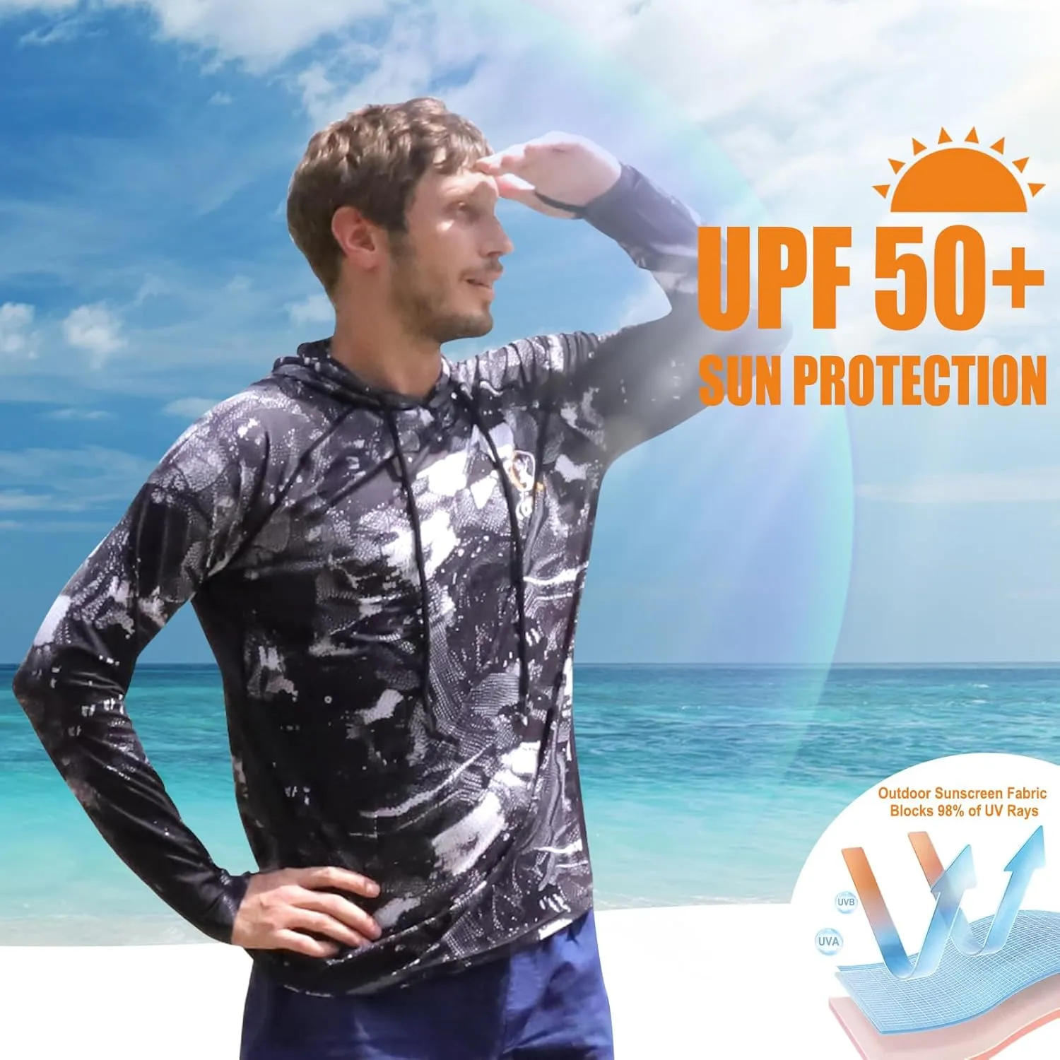 Kalkal UPF 50  Sun Protection Hooded Fishing Shirts for Men Long Sleeve Hoodies with Face Mask Rash Guards Quick Dry