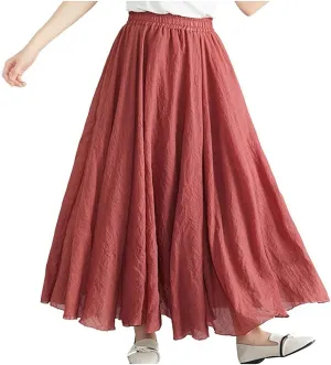 Kedera Women's Bohemian Style Elastic Waist Band Flowy Full Circle Cotton Linen Long Maxi Skirt Dress