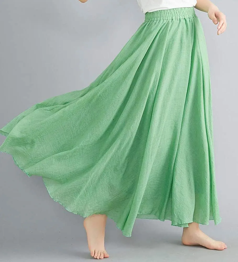 Kedera Women's Bohemian Style Elastic Waist Band Flowy Full Circle Cotton Linen Long Maxi Skirt Dress