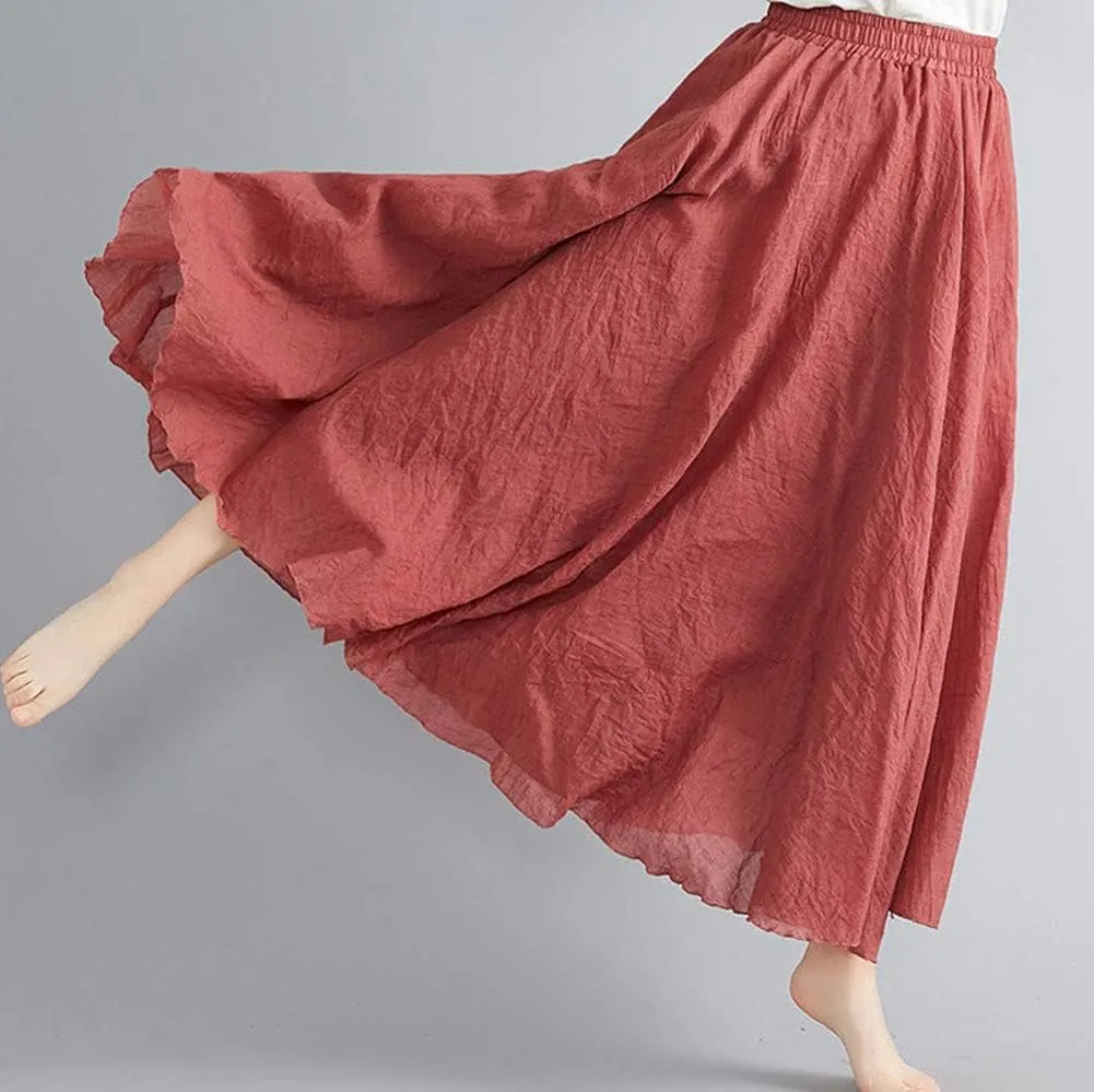 Kedera Women's Bohemian Style Elastic Waist Band Flowy Full Circle Cotton Linen Long Maxi Skirt Dress